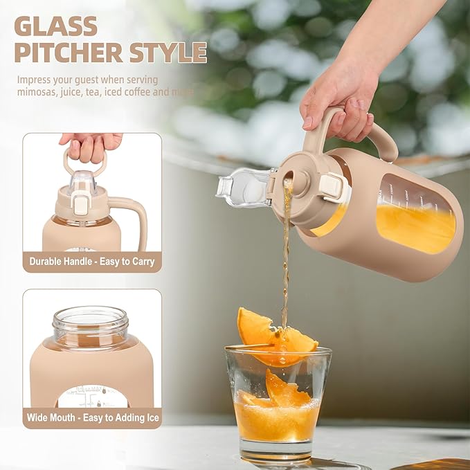 64 oz Glass Water Bolttles Half Gallon Large Motivational Water Bottle with Time Marker Sports Water Bottles with Silicone Sleeve and Handle Lid Water Jug for Gym Workout