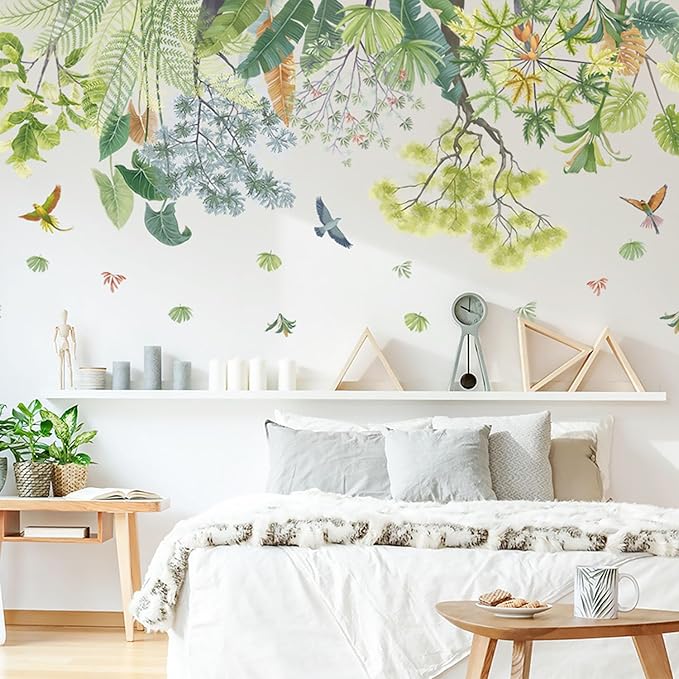 Green Plant Top Line Wall Stickers Garden Flower Wall Art Decals Tropical Plant Birds Wall Decals for Living Room Bedroom Nursery Kitchen Skirting Board Art Decorations