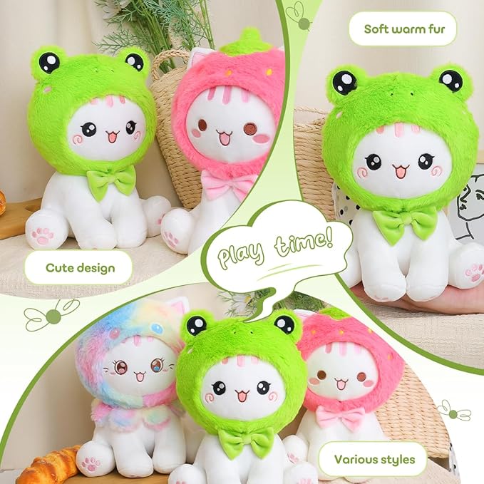 Cute Frog Cat Plush Toy 10" Kawaii Kitten Stuffed Animal, Cat Froggy Plushie Pillow Gift for Kids