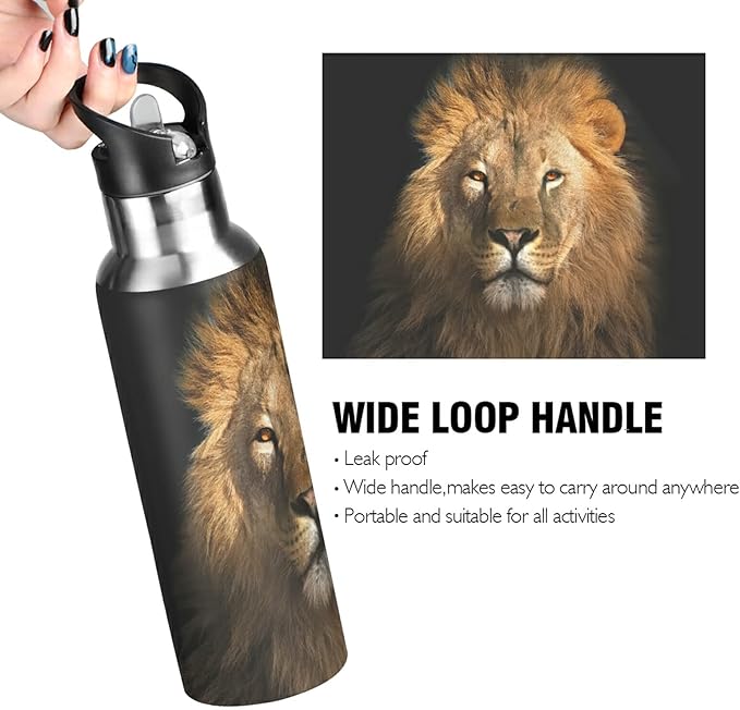 xigua Lion King Stainless Steel Water Bottle with Straw, BPA Free Reusable Leakproof Water Jug for Fitness Camping Outdoor Sports