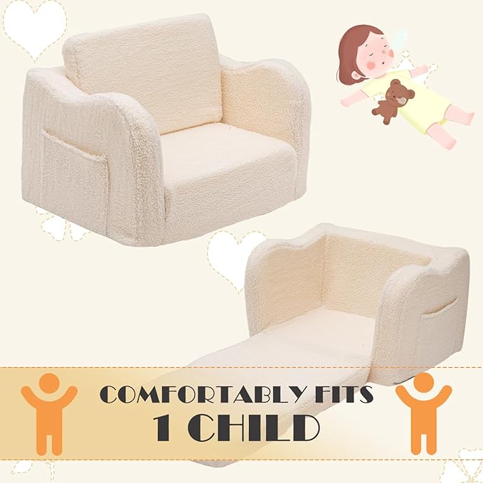 Baby Toddler Sofa Couch for Kids Foldable 2-in-1 Sherpa Fold Out Couch Bed for Playroom, Pull Out Children Convertible Sofa to Lounger Sleeper Chair for Boys & Girls with Double Pockets - Pink