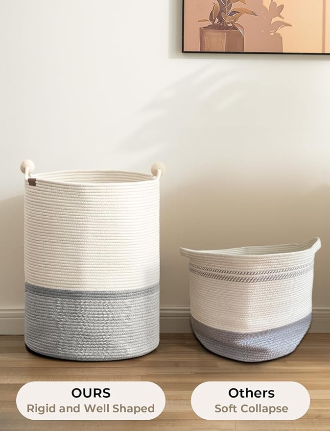 StorageWorks 72L Cotton Rope Laundry Basket with Wooden Beads Handles, Woven Basket for Storage, Dirty Clothes, Kids Toys, Towels, White & Grey
