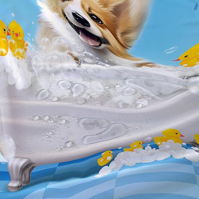 AILONEN 3D Bathtub Dog Shower Curtain for Kids 72" W*84" H Kawaii Shower Puppy and Bathtub Yellow Duck Shower Curtain,Polyester Waterproof Fabric Decor for Bathroom Bathtub Panels