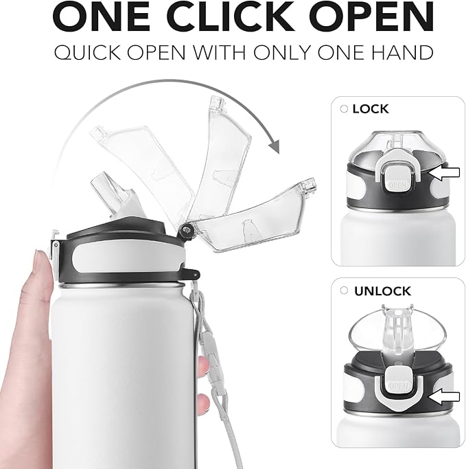 Enerbone Insulated Water Bottle, 32 oz Stainless Steel Water Bottles with Carrying Strap, Double-Wall Vacuum Insulation Thermos, Leakproof Sports Bottle with Straw, Keep Drinks Hot or Cold for Hours