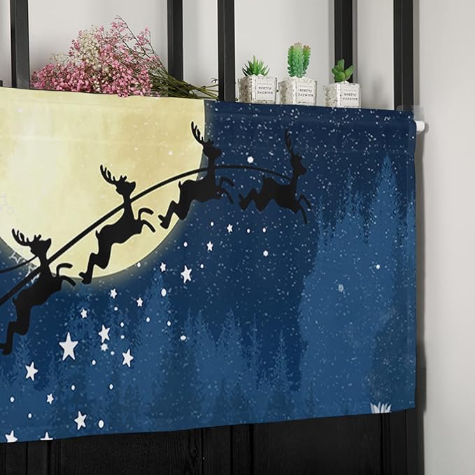 Christmas Kitchen Curtains Valances for Windows Santa Claus Reindeer Rod Pocket Window Treatment for Kitchen/Living Room/Bedroom/Bathroom,42" X 18" -1 Panel, Blue Snowy Night