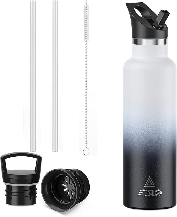 Stainless Steel Water Bottle with Straw - Insulated Water Bottle for Sports, Gym, School, Commute, Adults/Kids - Keep Cold for up to 24 Hours - Sweat/Leak-proof - 2 Lids - BPA Free