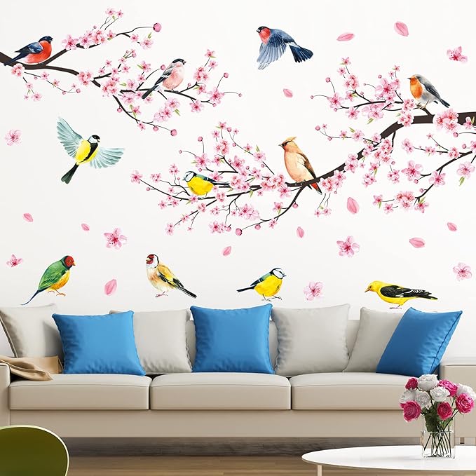 Amaonm 4 Sheets of 12"x36" Removable Pink Red Cherry Blossom Flowers Wall Stickers DIY Flying Birds and Tree Brances Wall Decals 3D Peel and Stick Floral art Decor for Kids Girls Bedroom Living Room Nursery Decoration (51"x75")
