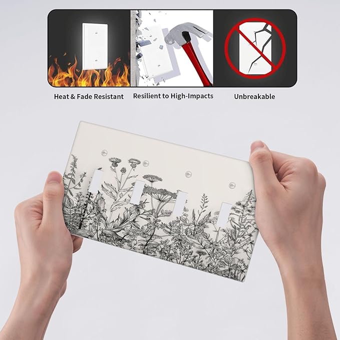 Vintage Grey Floral Herbs Wild Flowers Botanical Quad Toggle Boho Light Switch Covers Decorative Country Unique 4 Gang Wall Plate Electrical Faceplate Switchplate for Bedroom Decor