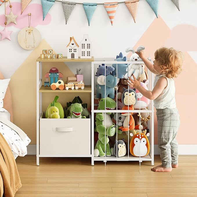 Stuffed Animal Storage, Kids Toy Storage Organizer with Toy Box for Boys Girls Kids Toddlers Baby, Stuff Animal Organizer with Elastic Cord for Playroom Living Room and Kids Room Organization