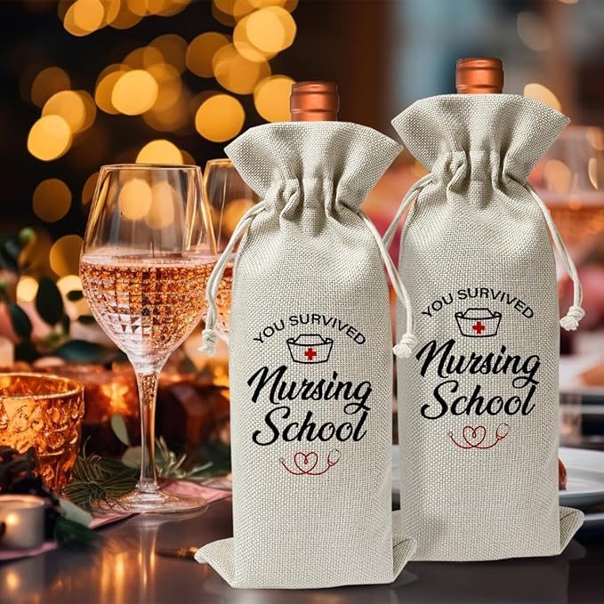 Nursing School Graduation Gift Wine Bag, Nursing School Survivor, Med School Graduation Party Gift, Nurse Appreciation Gift For Women, Nurse Day Nurse Week Gift, Cotton Linen Wine Gift Bag
