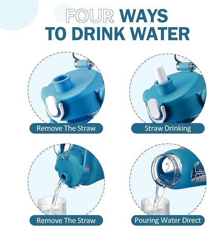 kytffu 56oz Glass Water Bottles with Straw, Motivational Glass Bottle with Silicone Sleeve and Time Marker, Leakproof Large Glass Water Jug for Gym Home Office,Iron Blue