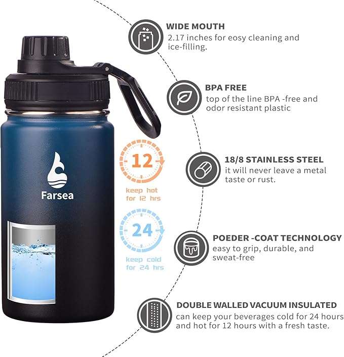 Farsea Insulated Water Bottle With Paracord Handle, Protective Silicone Boot and 2 Lids (Straw Lid & Spout Lid), Stainless Steel Water Bottle Wide Mouth, Double Wall Sweat-Proof BPA-Free,12 oz