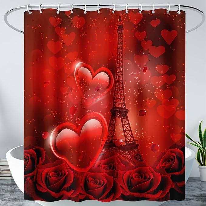 AILONEN Red Rose Shower Curtain for Bathroom, Romantic Eiffel Tower Love Hearts Printed Bathroom Curtain,72" W*84" H Polyester Waterproof Bath Curtain with 12 Hooks