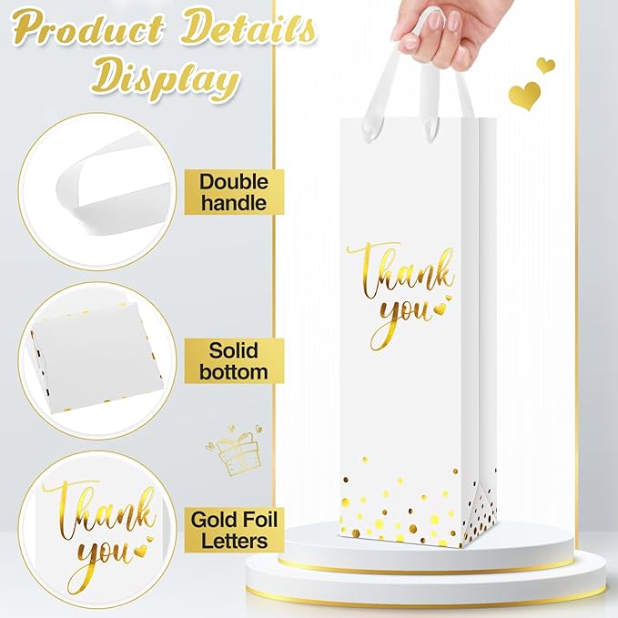 Ctosree 30 Pcs Wine Gift Bag for Wine Bottle Wedding Wine Thank You Gift Bag with Metallic Gold Foil Print Kraft Wine Paper Favor Bag with Attractive Rope Handle for Graduation Bottle(White)