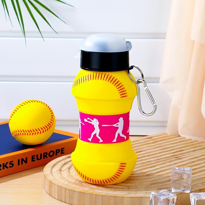 Softball Collapsible Water Bottle 18 oz Clip on Ball Drinking Cup Silicone Sports Water Mug Squeezable Leakproof Ball Shaped Bottle Folding Silicone Softball Cup for Sports Team Gift