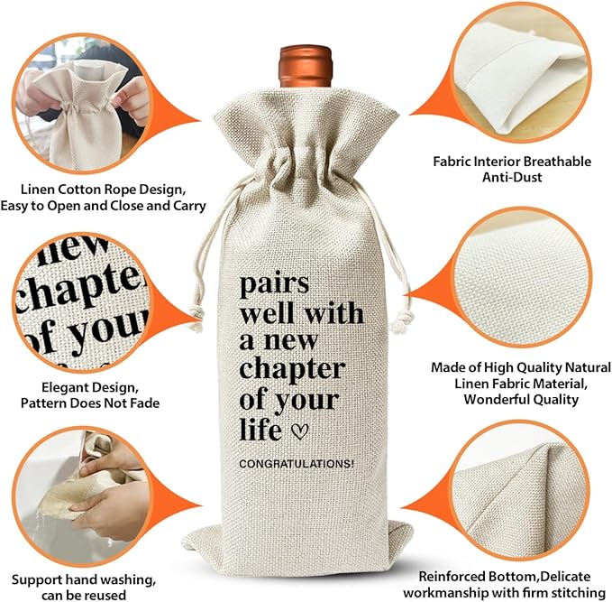 New Chapter Of Your Life Wine Bag For Colleague Coworker Boss Friends, New Job Gift Wine Bag for Him Her, Wine Bottle Cover Bag For New House Engagement Retirement New Beginning