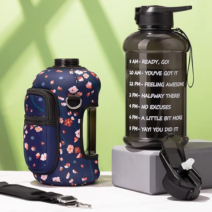Fimibuke Half Gallon Water Bottle with Sleeve 64 OZ Water Bottle with Handle & Straw Leakproof Motivational Sports Gym Water Bottle with Time Marker BPA Free Water Jug with Reusable Neoprene Holder