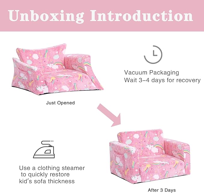 Tiita Toddler Chairs, 2-in-1 Kids Sofa Bed Fold Out, Plush Children's Foam Chair for Boys and Girls, Small Convertible Couch for Baby, Pink Rainbow