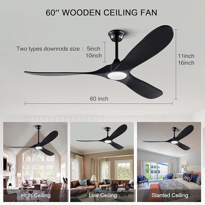 BOJUE 60 Inch Ceiling Fan with Lights Indoor Outdoor Black Ceiling Fan 3 Wooden Blades Remote Control with Light Modern Ceiling Fan for Porch Living Room Bedroom