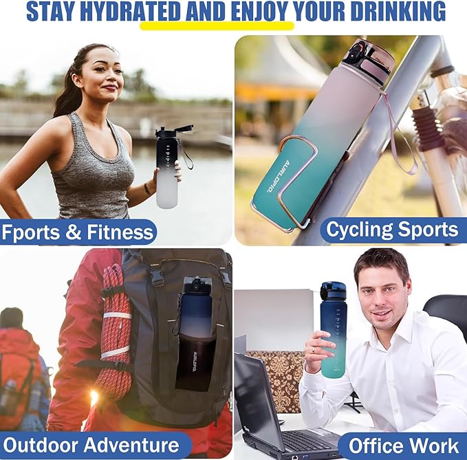 32oz/1L Water Bottle, Sports Water Bottle with Times to Drink & Lock Cover+Strainer,BPA-Free, Leakage Proof, Sports Drink Bottle for Bicycle, Outdoor, Gym, School, Reusable Daily(Blue-green)