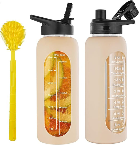 SIEROZUR 32 oz Glass Water Bottle with Straw and Handle Large Sports Motivational Water Bottle with Time Marker and 2 Lids, Leakproof Reusable Water Jug with Silicone Sleeve for Gym