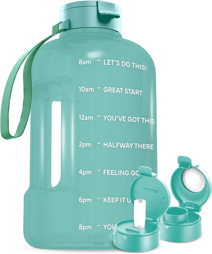 AQUAFIT 1 Gallon Water Bottle with Time Marker - BPA Free 128 oz Water Bottle with Straw, Gym Water Bottle with Handle, 1 Gallon Water Jug, Big Water Bottle, Large Water Bottle (Mint)
