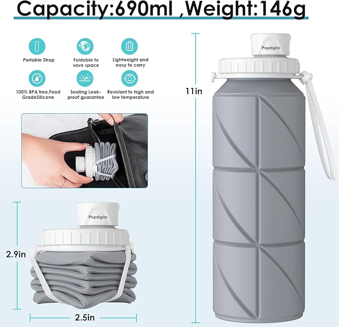 Collapsible Water Bottle Foldable Silicone Travel Water Bottle Leakproof Flexible BPA Free Portable,Folding Water Bottle Lightweight for Camping, Hiking,Sports Water Bottles Travel 23oz