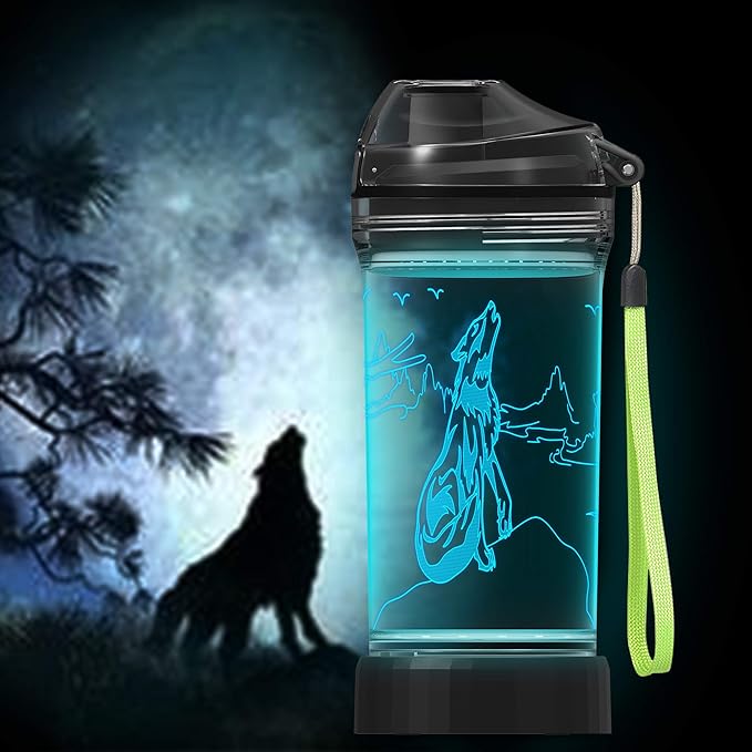 Kids Water Bottle with 3D Glowing Wolf LED Light - 14 OZ Tritan BPA Free - Creative Ideal Travel Cup Wolf Gift for School Kid Boy Child Holiday Camping Picnic
