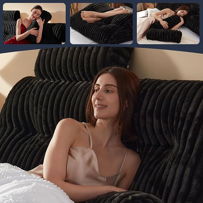 Faux Fur Headboard Pillow with 2 Pack Neck Roll Pillow Large Headboard Pillow Soft and Supportive with Removable Cover (Black, Twin)