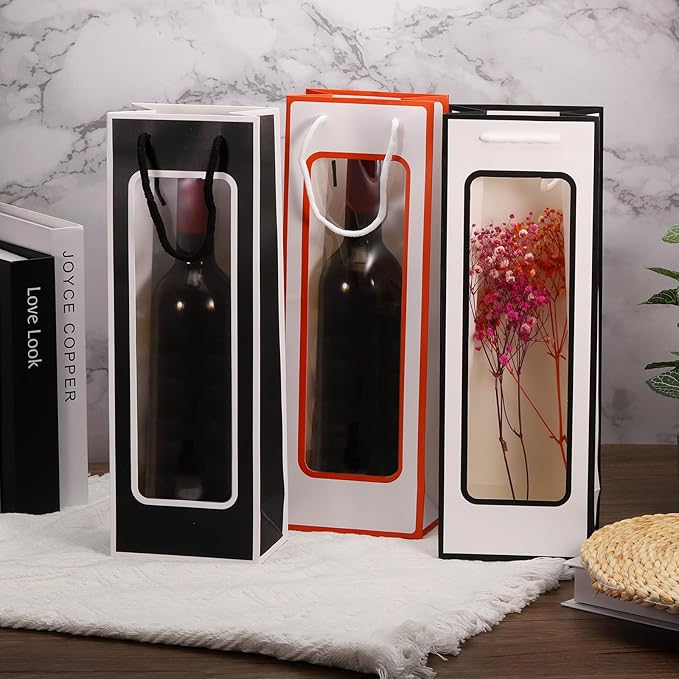 uxcell Wine Bags, 20pcs 4.92"x3.35"x14.2" Wine Gift Bags with Rope Handles, Paper Wine Tote Bag with Clear Window for Wedding Birthday Christmas Party Supplies, Black