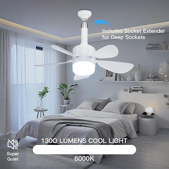 JTT Socket Fan Light with Remote - Screw in Ceiling Fan Light LED Bulb Fan with 3 Speed, 3000/4000/6000K Selectable and Adjustable Brightness Settings Socket Fan for Bedroom Living Room Kitchen Garage