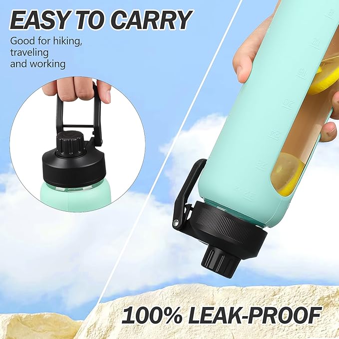 Glass Water Bottles with Straw -32oz- Water Bottle Phone Holder for Gym Large Motivational Water Bottle with Time Marker Glass Drinking Bottles 2 Lids - Spout & Bamboo Straw Lid(Mint Green)