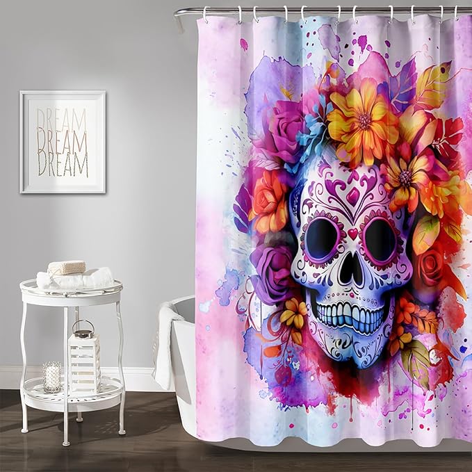 AILONEN Sugar Skull Shower Curtain for Bathroom,Pink Purple Graffiti Flower Art Bathroom Curtain for Kids Girls Teen,Bath Curtain 72" W*84" H Polyester Waterproof Bathroom Curtain with 12 Hooks