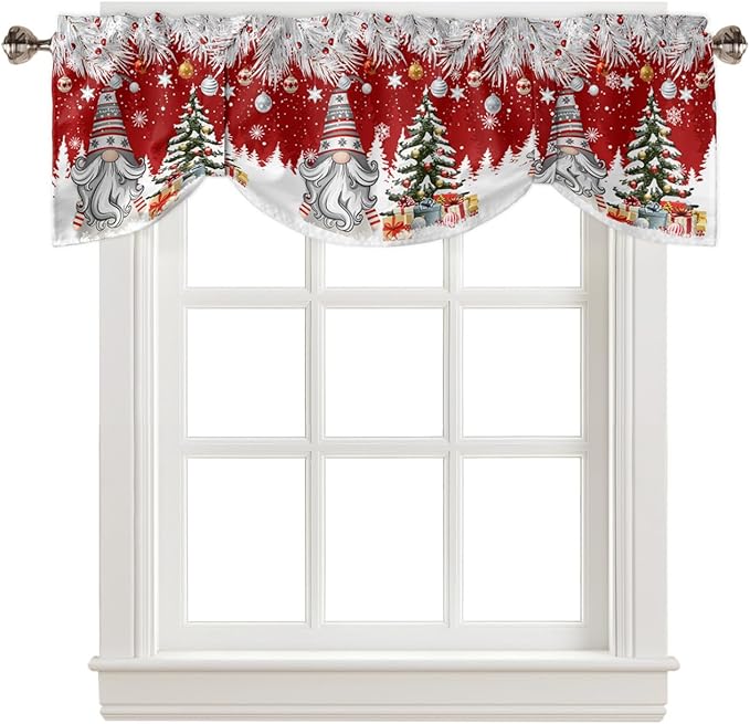 Christmas Gnome Blackout Tie Up Valance Curtains for Kitchen Windows Winter Merry Christmas Tree Balls Window Toppers Balloon Shades for Living Room/Bathroom/Bedroom,1 Panel, 60" X 18", Red