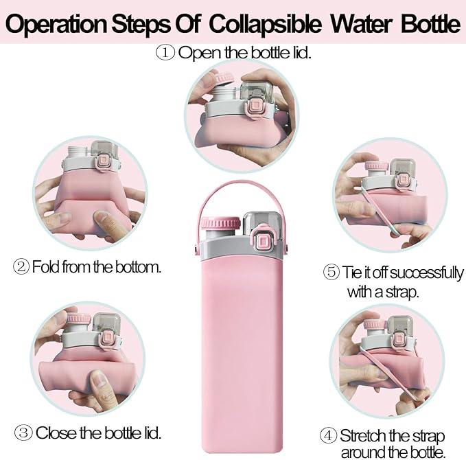 THAIOXYH® Collapsible Water Bottle 20 oz（600ml） Silicone BPA Free Reuseable Lightweight Foldable Water Bottles for Traveling Running Hiking Camping Sports (Pink)