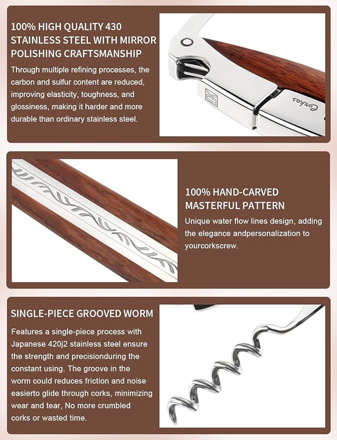 Wine Key - CORKAS Prestige Waiter Corkscrew with Rosewood Handle, Handcrafted Wine Opener Manual with Double Hinged, Foil Cutter and Bottle Opener, Ideal Gifts for Sommelier, Bartenders, Servers