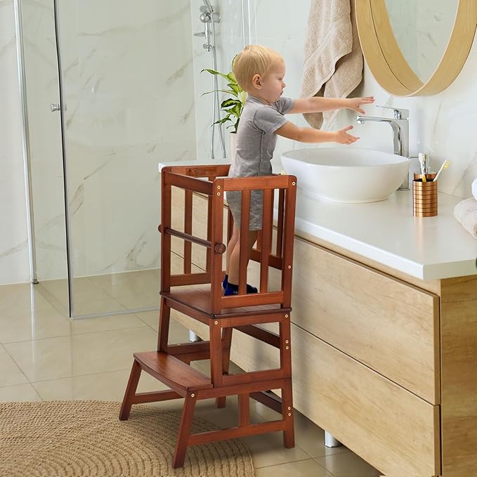 COSYLAND Kids Kitchen Step Stool, Toddler Standing Tower with CPC & FSC Certification, Removable Anti-Drop Railing Safety Rail Enjoys Unique Patented Design A Anti-tip Stable Structure Red Brown