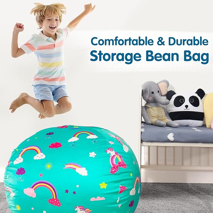 Lukeight Unicorns Stuffed Animal Storage Bean Bag Chair Cover for Kids, Unicorns Zipper Beanbag Chair Cover for Organizing Toddler and Kids' Rooms Plush Toys (Rainbow Green, XX-Large)
