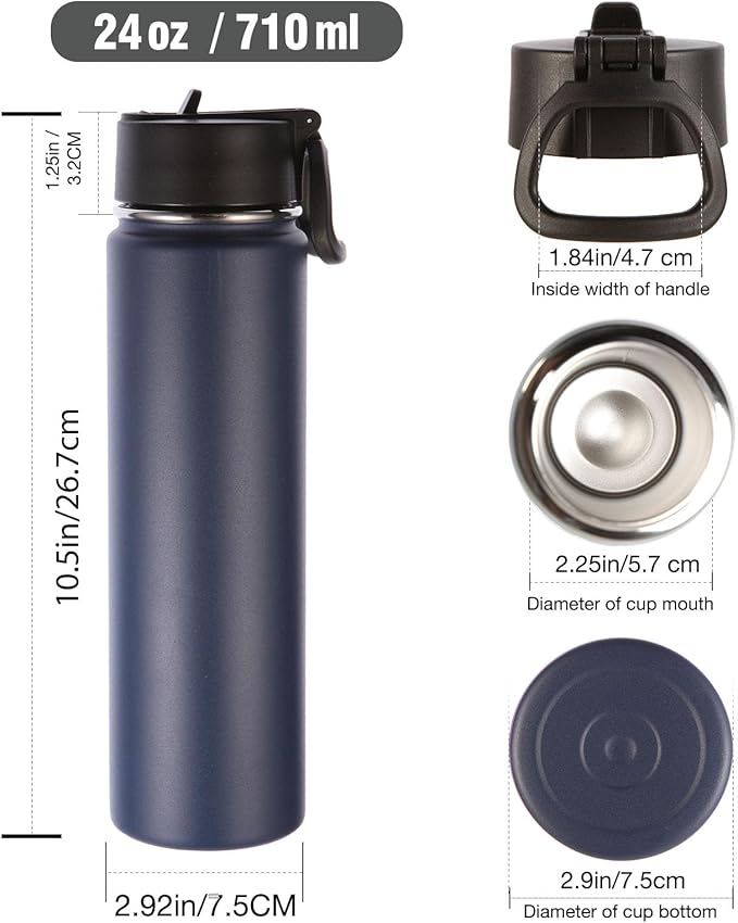 Volhoply 24 Ounce Insulated Water Bottle With Straw Lid,Stainless Steel Wide Mouth Sport Bottles With Handle,Double Wall Vacuum Thermos keep Cold,Reusable Travel Thermal Cups For Holder,Gym(Navy,1)