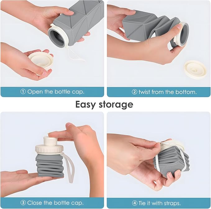 Collapsible Water Bottles,BPA-Free Leak-Proof Silicone Foldable Water Bottle Cup 20.6oz,Durable Lightweight Bottle for Gym Travel Camping Hiking Running (Grey)