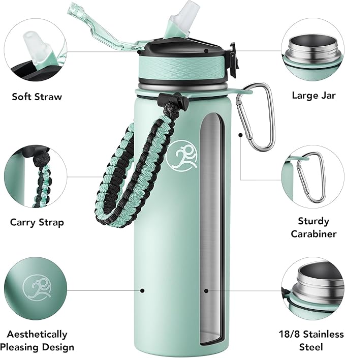 GOSWAG Insulated Sports Water Bottle, 24oz 2 Lids(with Straw/No Straw), Stainless Steel Water Bottles with Paracord Handle, Insulated Thermos with Double-Wall Vacuum Insulation