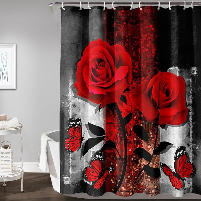 AILONEN Red Rose Shower Curtain for Bathroom, Romantic Rose Flower Bath Curtain,Grey Abstract Waterproof Floral Butterfly Print Shower Curtain Decoration with 12 Plastic Hooks, 48" W*72" H
