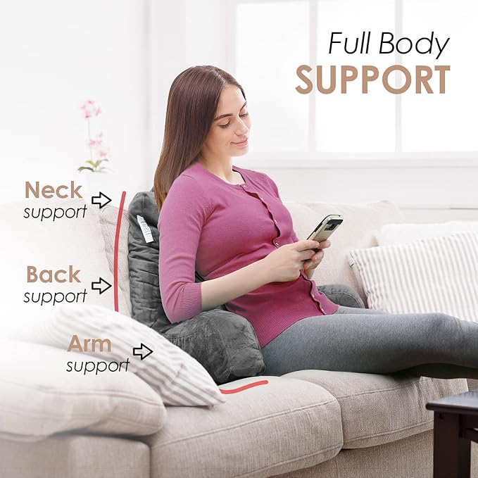 Nestl Reading Pillow Standard Bed Pillow, Back Pillow for Sitting in Bed Shredded Memory Foam Chair Pillow, Reading & Bed Rest Pillows Grey Back Pillow for Bed, Bed Chair Arm Pillow with Pockets