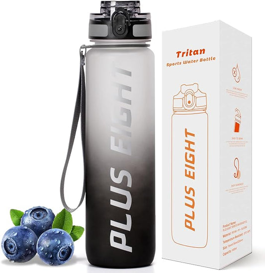 Sports Water Bottle, 32 oz Motivational Water Bottles with Time Marker to Drink, Leak-Proof Tritan BPA-Free with Carrying Strap for Women Men Gym Fitness Outdoor (Gray Black)