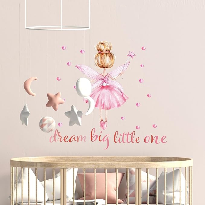 Pink Little Ballerina Decor for Girls Room Dream Big Little One Baby Nursery Wall Decals Peel and Stick Barbie Princess Wall Stickers & Murals for Girls Bedroom Living Room Classroom Playroom