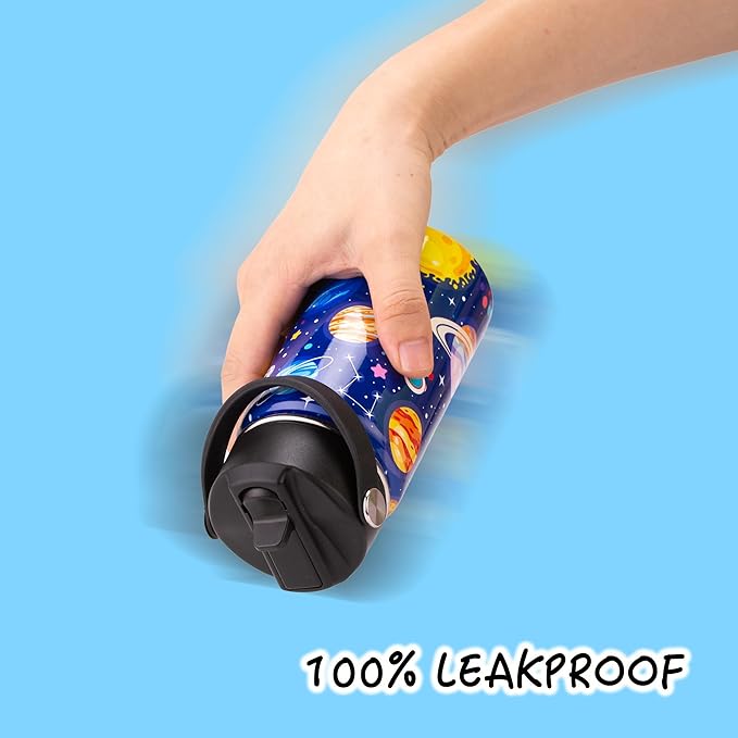 Kids Insulated Water Bottle, 2 Pack 12oz Space Water Bottles Bulk with Flip Straw & Big Handle, 18/8 Stainless Steel, Gifts for Kids Boys Girls to School Travel Sports, Hands Wash Only, Blue & Black