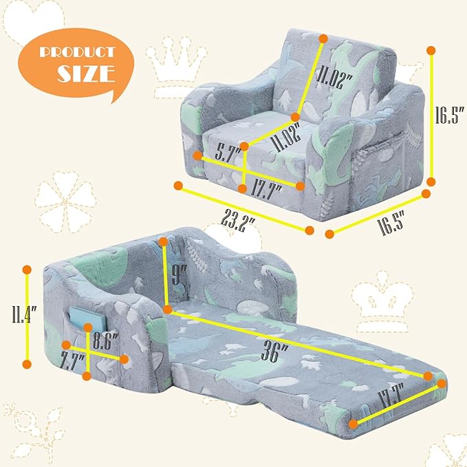 Baby Toddler Sofa Couch for Kids Foldable 2-in-1 Toddler Fold Out Couch Bed for Playroom Pull Out Children Convertible Sofa to Lounger Sleeper Chair for Boys & Girls with Side Pockets, Dinosaur