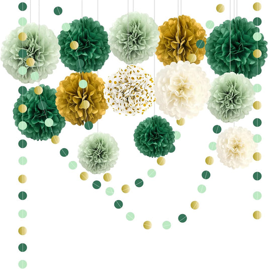 Green Wedding Party Decorations Set, 16 PCS Tissue Paper Pom Poms, Dots Paper Garland for Engagement, Green Boho Wedding, St. Patrick's Day Party, Baby Shower Party Decor