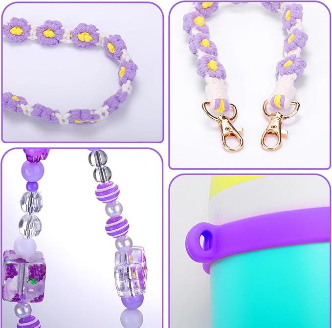 Mity rain Water Bottle Accessories Set for Owala, Including Water Bottle Handle Strap, Charms,Bohemian Style Personality and Easy to Carry (Purple, 24oz)