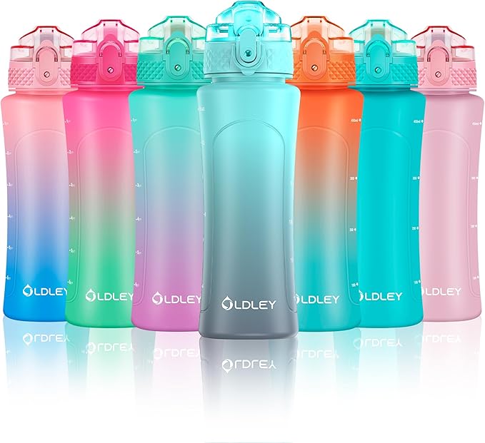 OLDLEY Kids Water Bottle with Straw 15 oz BPA-Free Leak-Proof Motivational Water Bottles with Time Marker for School Sports Travel Gym, Easy to Use for Girls Goys, 1 Straw Lid, Blue Grey